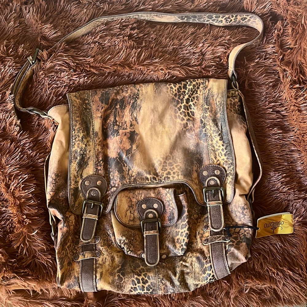 Old Gringo Brown Tan Leopard-Effect Distressed Leather Shoulder Bag